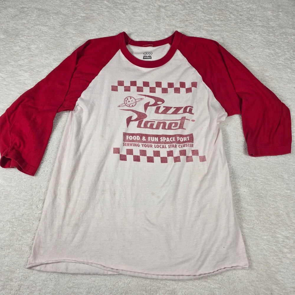 Disney Toy Story Pizza Planet‎ Raglan Tee Mens L White Red Good Graphic Baseball